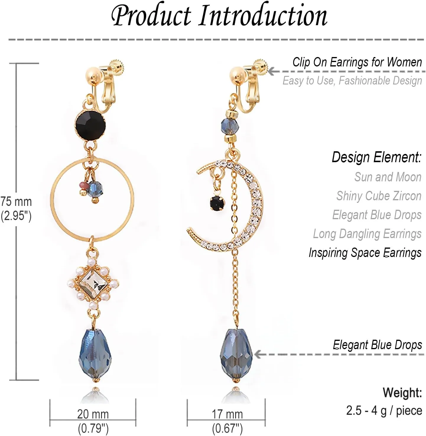 REELMAR Clip on Earrings for Women Dangle Asymmetrical Sun and Moon Earrings Gold Long Boho Earrings Dangling Chain Drops Bohemian Statement Earrings Jewelry