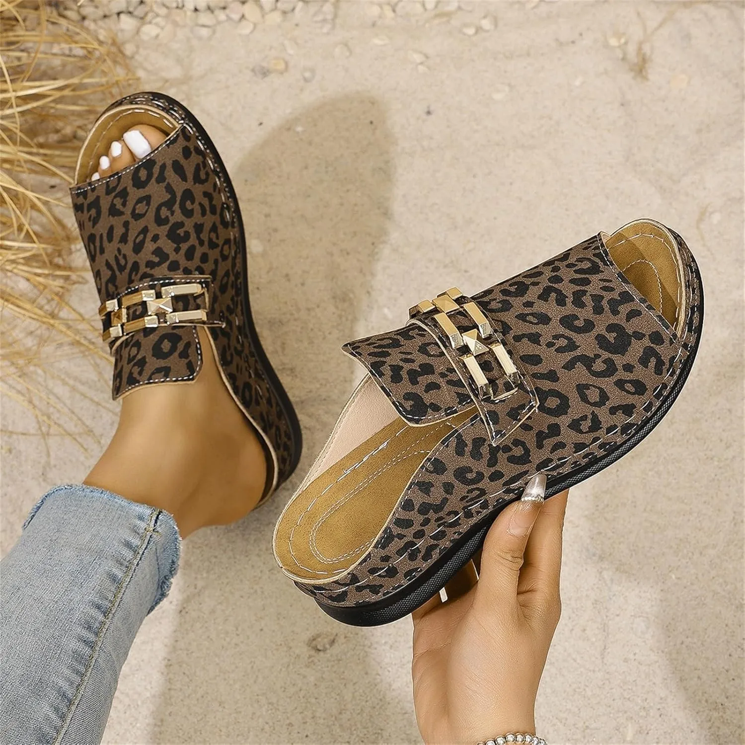 Resort Sandals for Women 2025 Casual Leopard Print Arch Support Low Wedge Sandals Vacation Open Toe Slip On Shoes