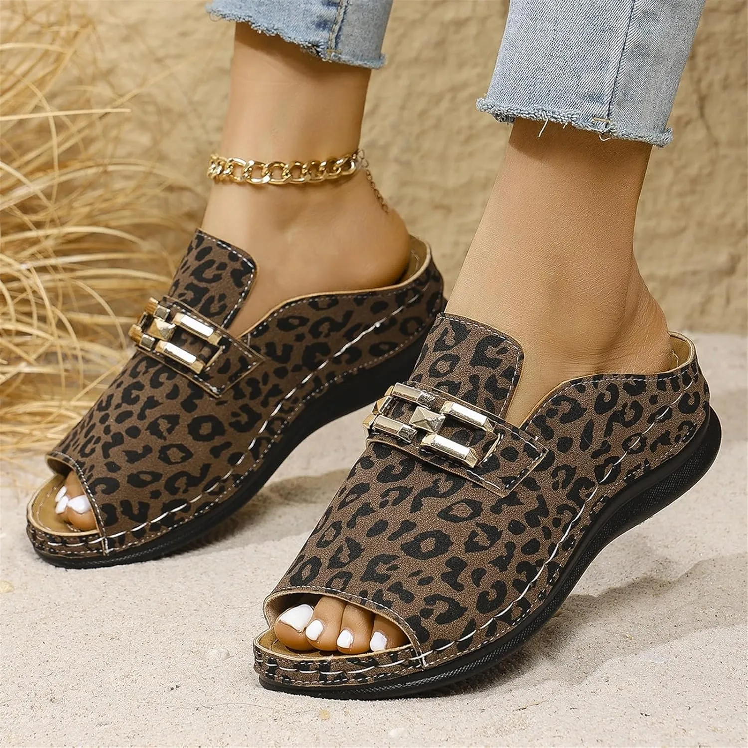 Resort Sandals for Women 2025 Casual Leopard Print Arch Support Low Wedge Sandals Vacation Open Toe Slip On Shoes