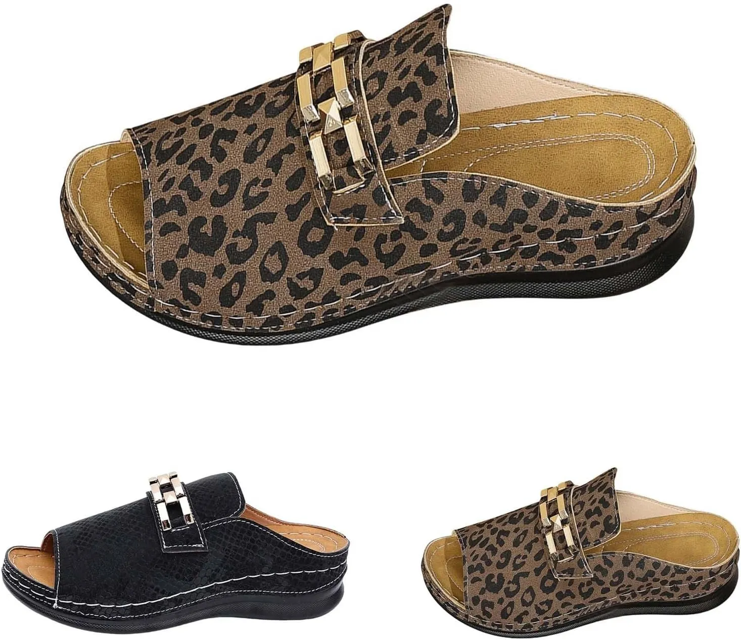 Resort Sandals for Women 2025 Casual Leopard Print Arch Support Low Wedge Sandals Vacation Open Toe Slip On Shoes