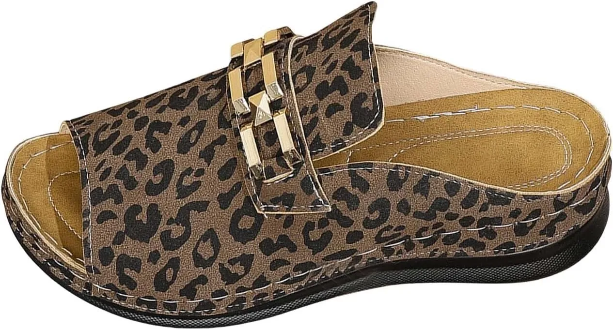 Resort Sandals for Women 2025 Casual Leopard Print Arch Support Low Wedge Sandals Vacation Open Toe Slip On Shoes
