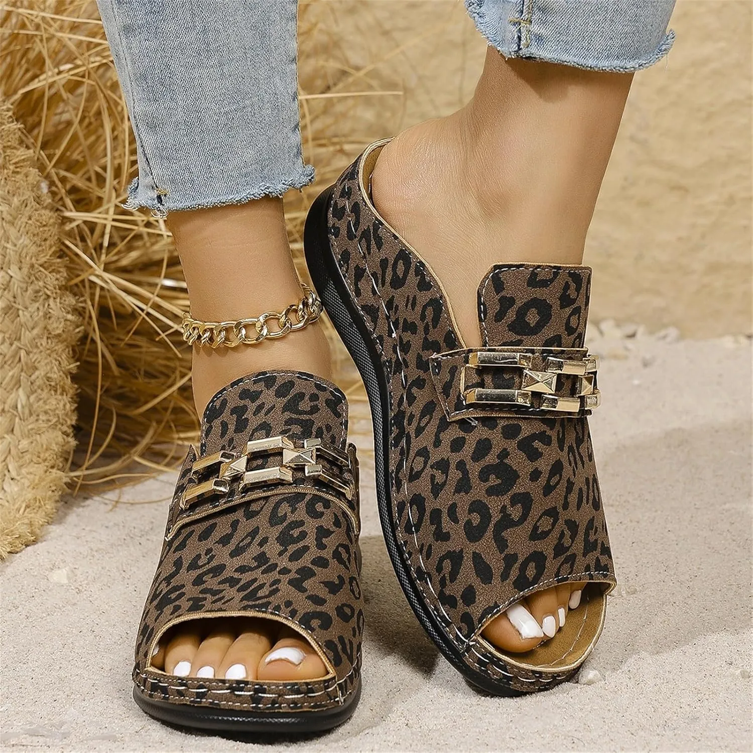Resort Sandals for Women 2025 Casual Leopard Print Arch Support Low Wedge Sandals Vacation Open Toe Slip On Shoes