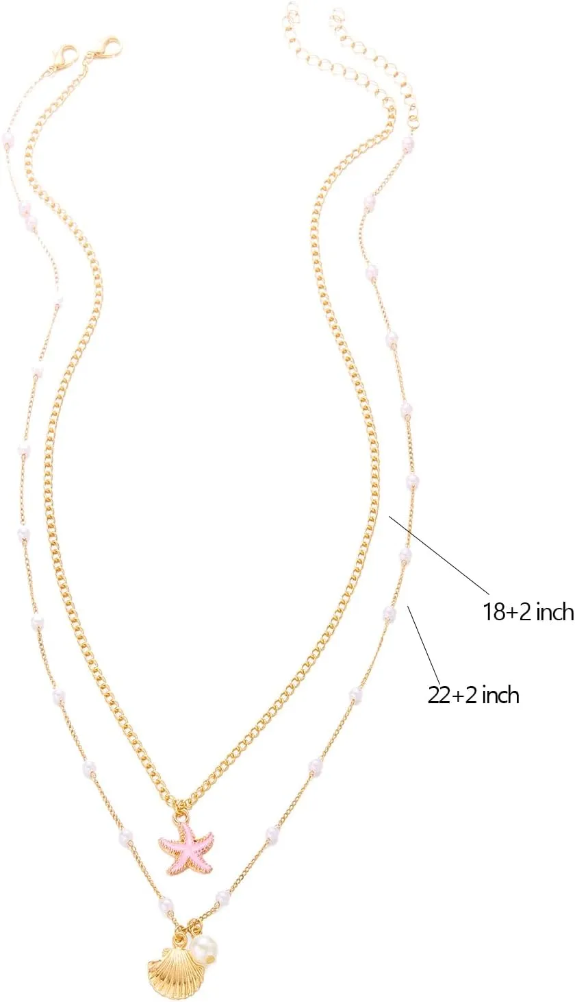 RINHOO FRIENDSHIP Shell Starfish Charm Necklace Stack For Women Gold Chain Dainty Sea Choker Necklace Set Simple Summer Beach Pendant Beach Fashion Jewellery