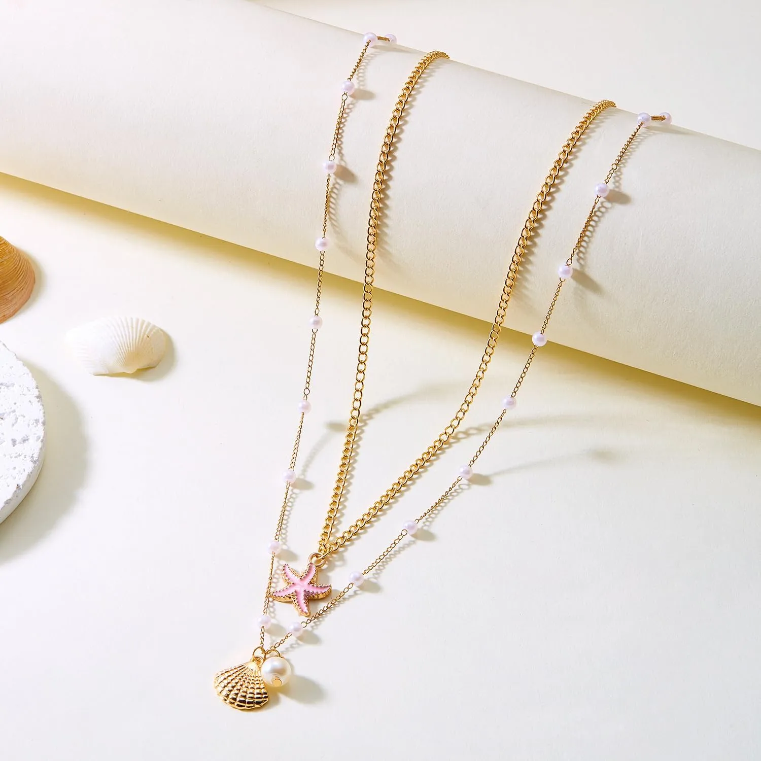 RINHOO FRIENDSHIP Shell Starfish Charm Necklace Stack For Women Gold Chain Dainty Sea Choker Necklace Set Simple Summer Beach Pendant Beach Fashion Jewellery