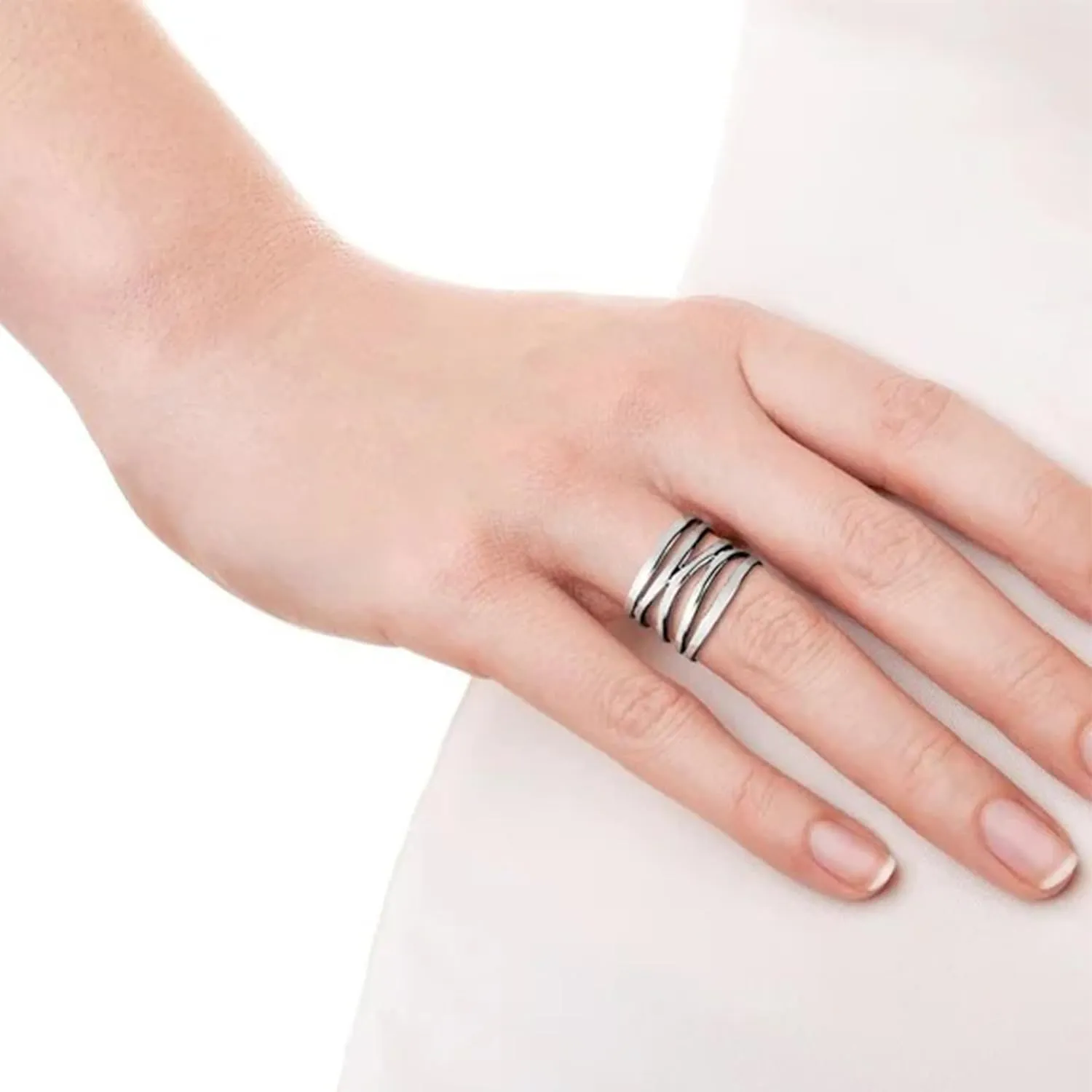 Roe Dolph Chunky Silver Rings for Women Silver Plated Multilayer Wire Cross Ring Statement Wide Band Ring Silver Statement Thumb Index Finger Rings Cocktail Rings Birthday