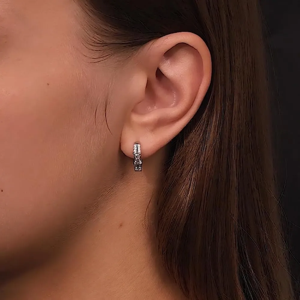 Round & Baguette Diamond Hoop Earrings, 0.24ct FG Color VS Clarity, Latch Back Lock, Lightweight 2.45g, Elegant Everyday Jewelry