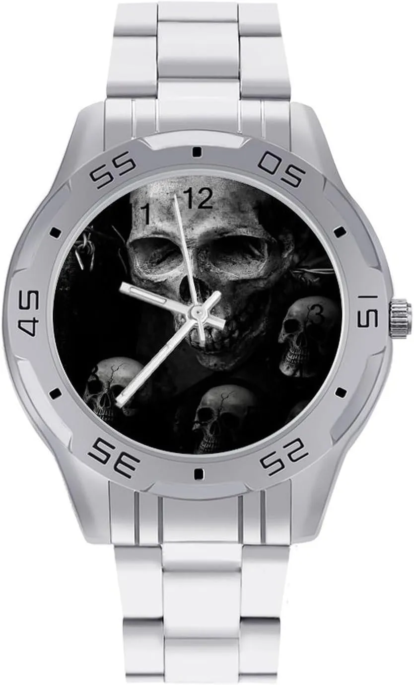 Scary Dark Skull Classic Wrist Watches for Men Casual Business Dress Watch with Stainless Steel Band Work Party