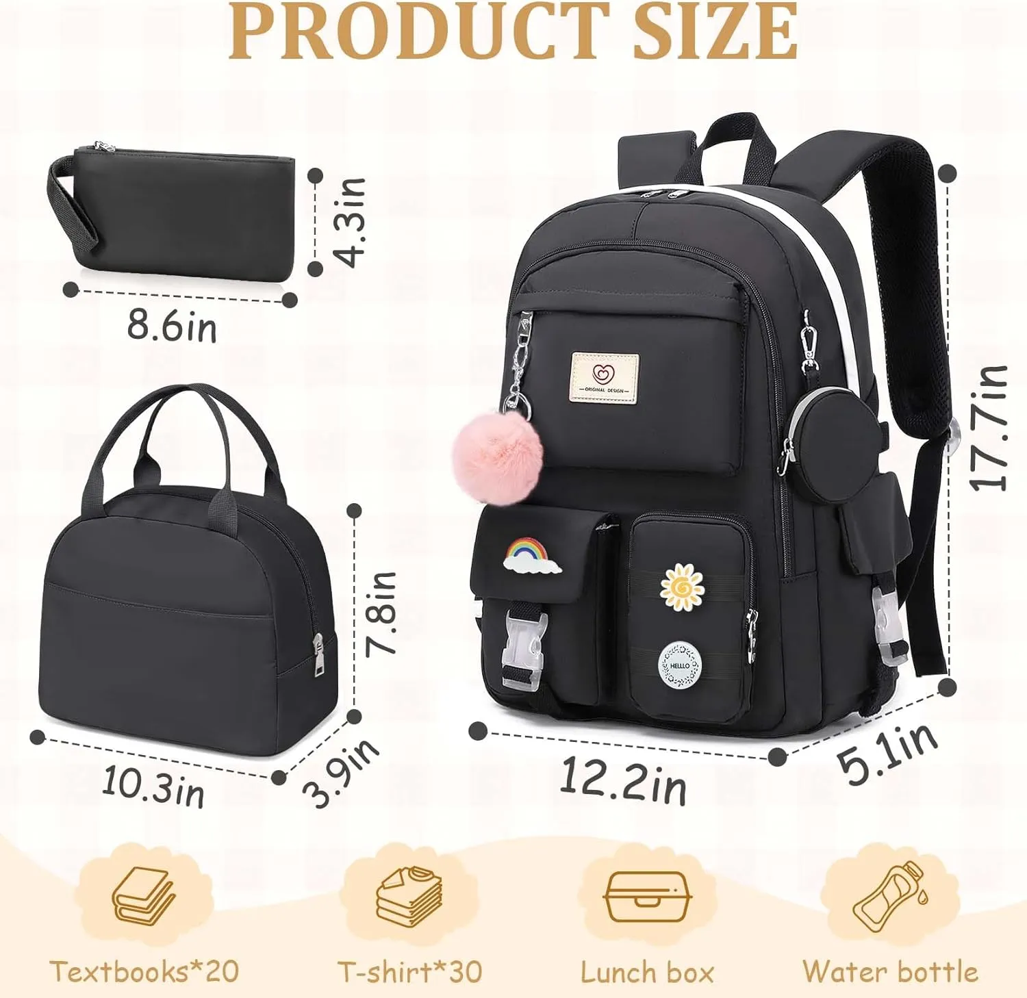 School Backpack For Girls - 6pcs Cute Girls Backpack With Lunch Box Set For Teens Women College Middle High School - 18 School Bookbag Travel Back Pack