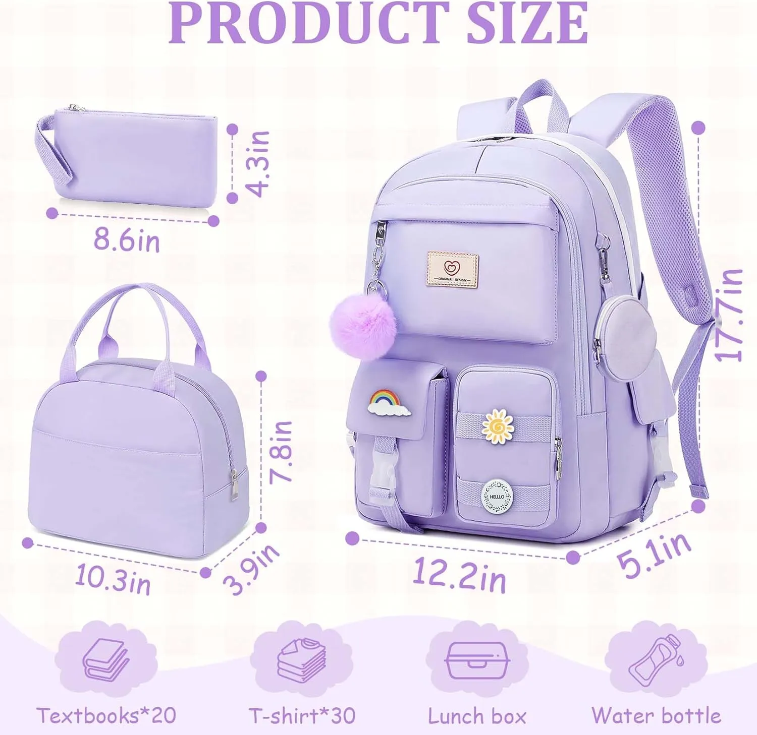 School Backpack For Girls - 6pcs Cute Girls Backpack With Lunch Box Set For Teens Women College Middle High School - 18 School Bookbag Travel Back Pack