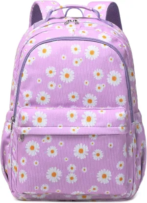 School Backpack for Teens Girls High School Corduroy Backpacks Daisy Bookbags School Book Bags for Kids Casual Travel Daypacks(Daisy Purple)