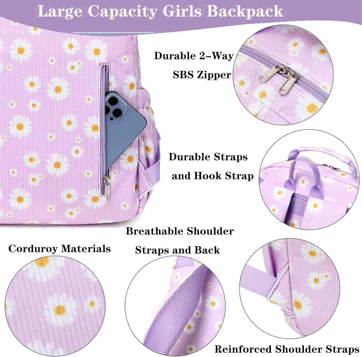 School Backpack for Teens Girls High School Corduroy Backpacks Daisy Bookbags School Book Bags for Kids Casual Travel Daypacks(Daisy Purple)