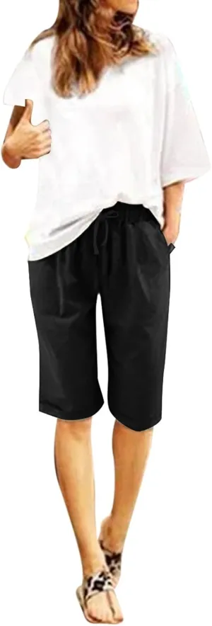 sdbrld Bermuda Shorts for Women,Womens Bermuda Shorts Trendy Knee-Length Bermuda Lounge Shorts with Elastic Waist Drawstring