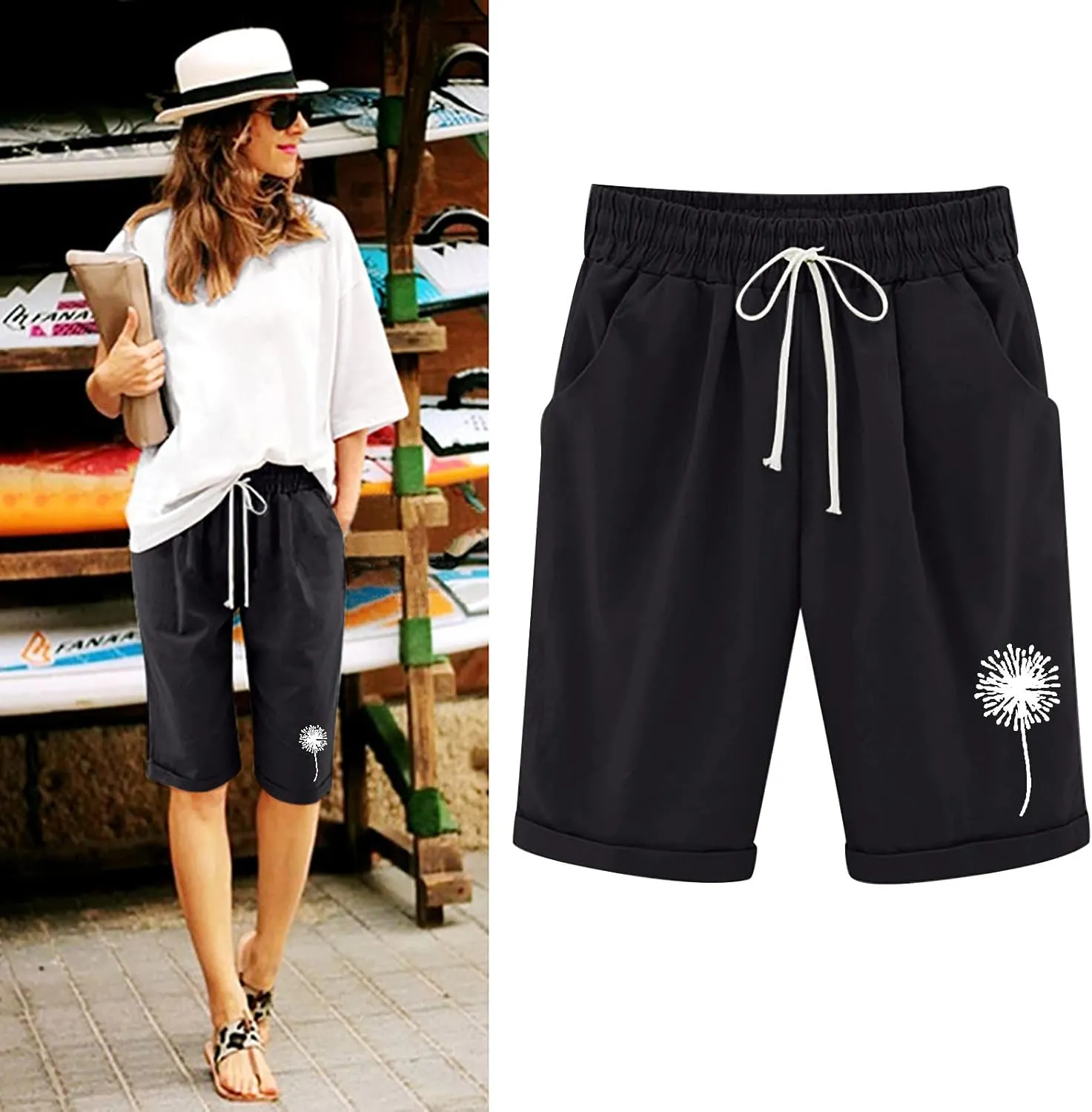 sdbrld Bermuda Shorts for Women,Womens Bermuda Shorts Trendy Knee-Length Bermuda Lounge Shorts with Elastic Waist Drawstring