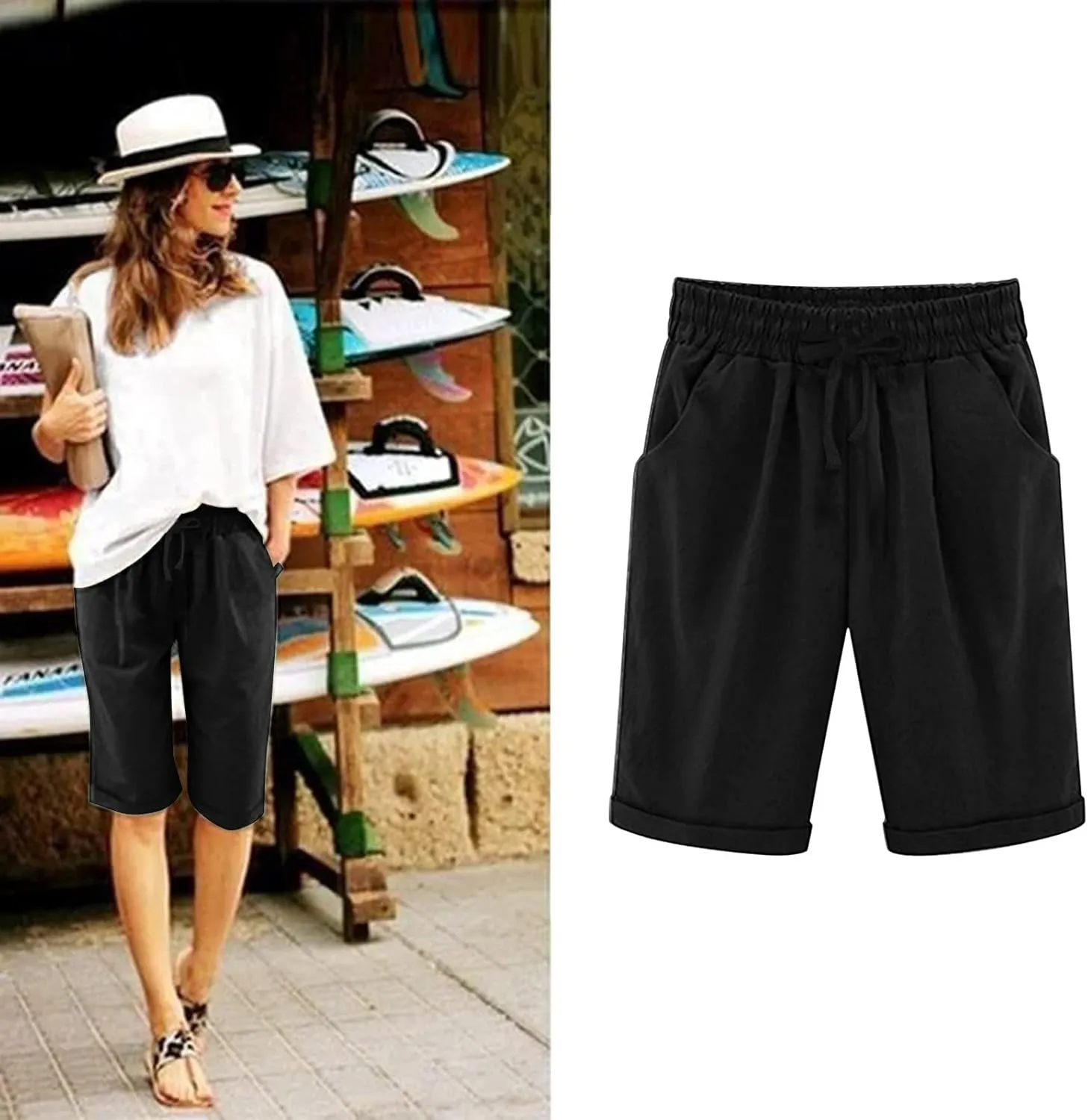 sdbrld Bermuda Shorts for Women,Womens Bermuda Shorts Trendy Knee-Length Bermuda Lounge Shorts with Elastic Waist Drawstring