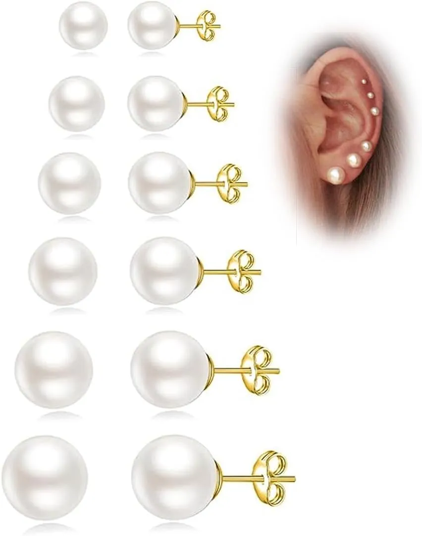 Senteria 925 Sterling Silver Pearl Earrings Studs Set Hypoallergenic Small Stud Earrings Lightweight Shiny Earrings Studs for Women 6 Pairs 3-10MM