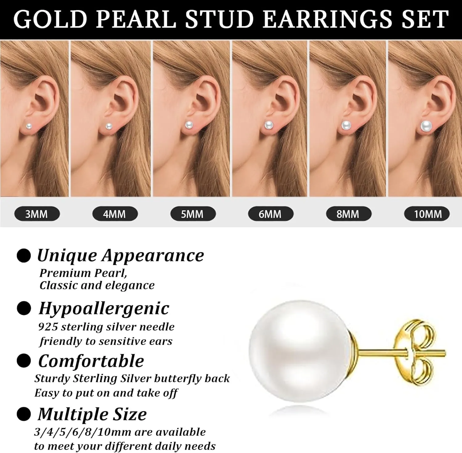 Senteria 925 Sterling Silver Pearl Earrings Studs Set Hypoallergenic Small Stud Earrings Lightweight Shiny Earrings Studs for Women 6 Pairs 3-10MM
