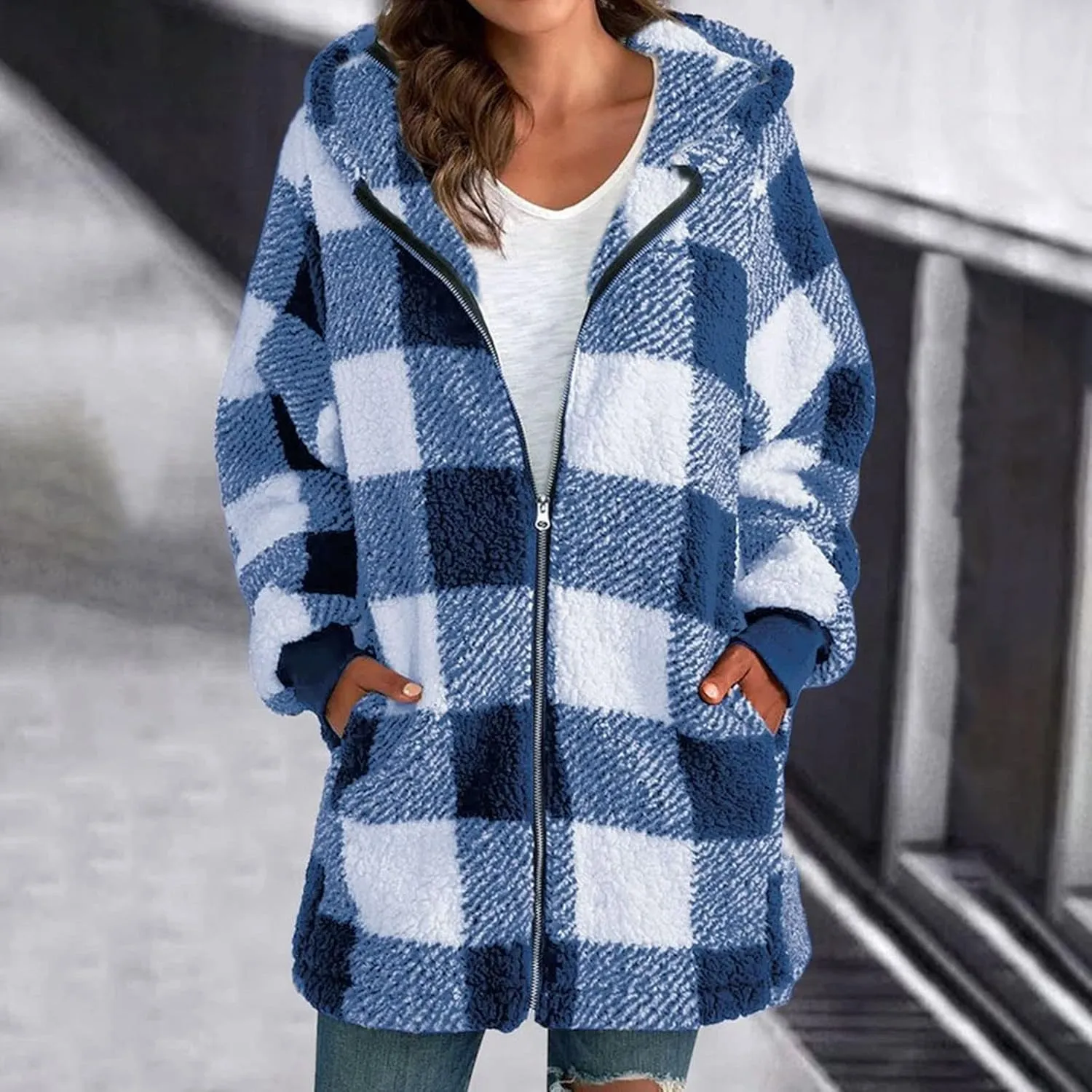 Shackets for Women 2024 Fall Zip Up Fuzzy Flannel Plaid Jacket Plus Size Casual Warm Winter Fleece Long Hoodie