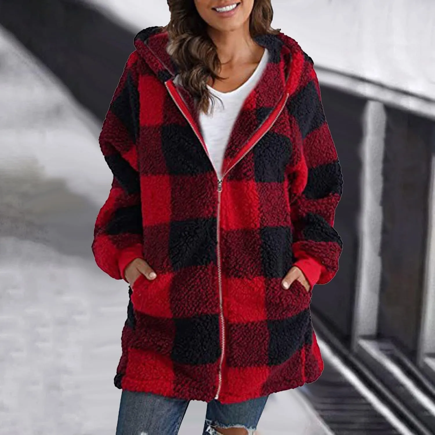 Shackets for Women 2024 Fall Zip Up Fuzzy Flannel Plaid Jacket Plus Size Casual Warm Winter Fleece Long Hoodie