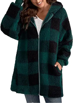 Shackets for Women 2024 Fall Zip Up Fuzzy Flannel Plaid Jacket Plus Size Casual Warm Winter Fleece Long Hoodie