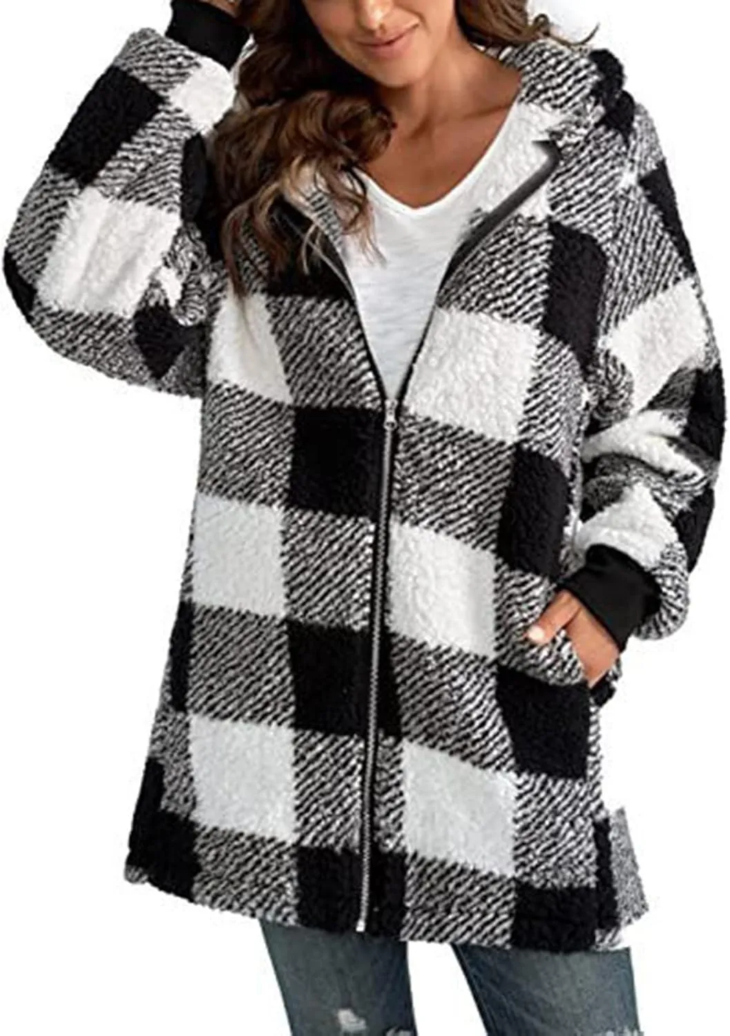 Shackets for Women 2024 Fall Zip Up Fuzzy Flannel Plaid Jacket Plus Size Casual Warm Winter Fleece Long Hoodie