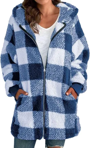 Shackets for Women 2024 Fall Zip Up Fuzzy Flannel Plaid Jacket Plus Size Casual Warm Winter Fleece Long Hoodie