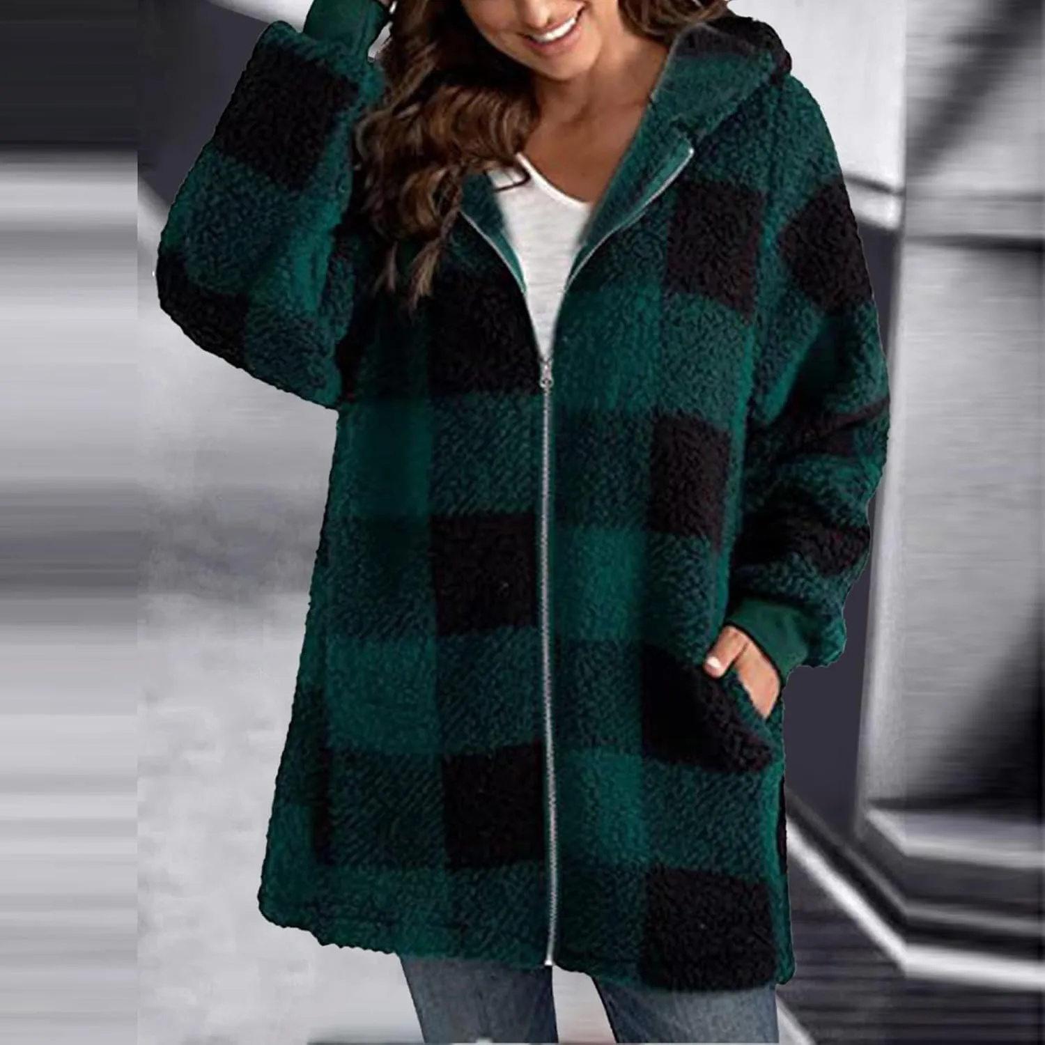 Shackets for Women 2024 Fall Zip Up Fuzzy Flannel Plaid Jacket Plus Size Casual Warm Winter Fleece Long Hoodie