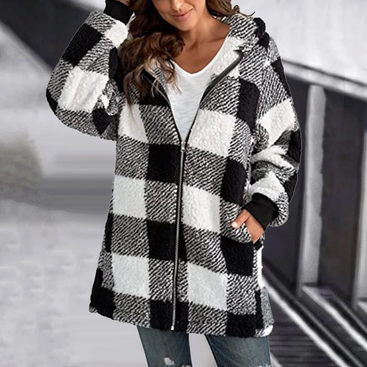 Shackets for Women 2024 Fall Zip Up Fuzzy Flannel Plaid Jacket Plus Size Casual Warm Winter Fleece Long Hoodie