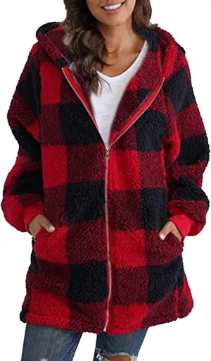 Shackets for Women 2024 Fall Zip Up Fuzzy Flannel Plaid Jacket Plus Size Casual Warm Winter Fleece Long Hoodie