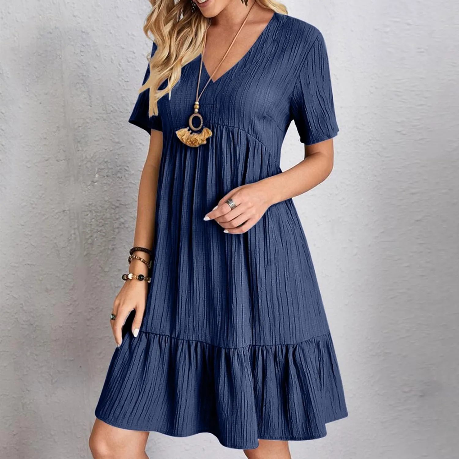 Short Sleeve Dress for Women Casual V-Neck A-Line Dress with Ruffle Hem Vestidos Casuales para Mujer