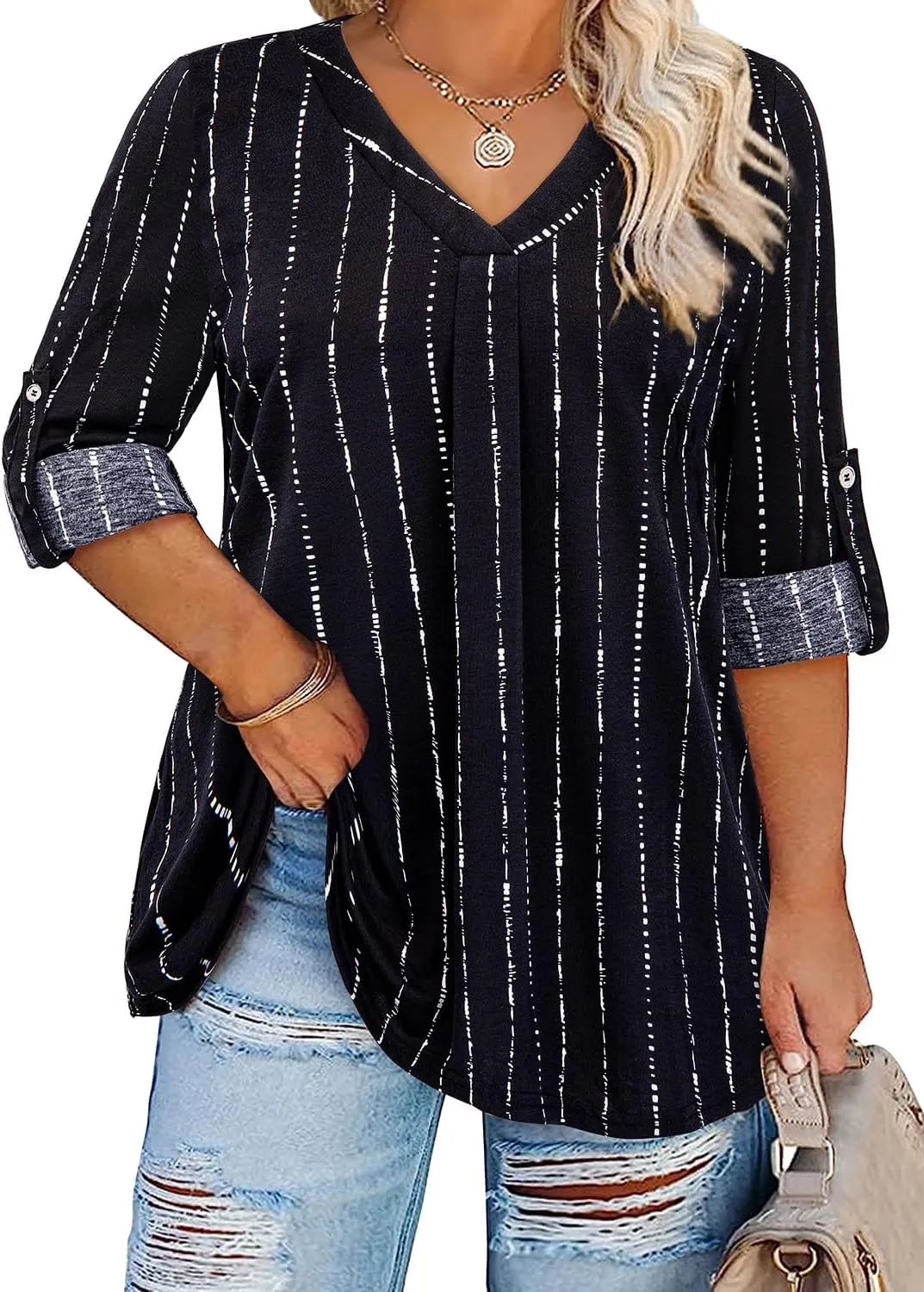 Siddhe Plus Size Tops for Women 3/4 Sleeve Shirts V Neck Blouses Tunic Top Spring Summer 2025