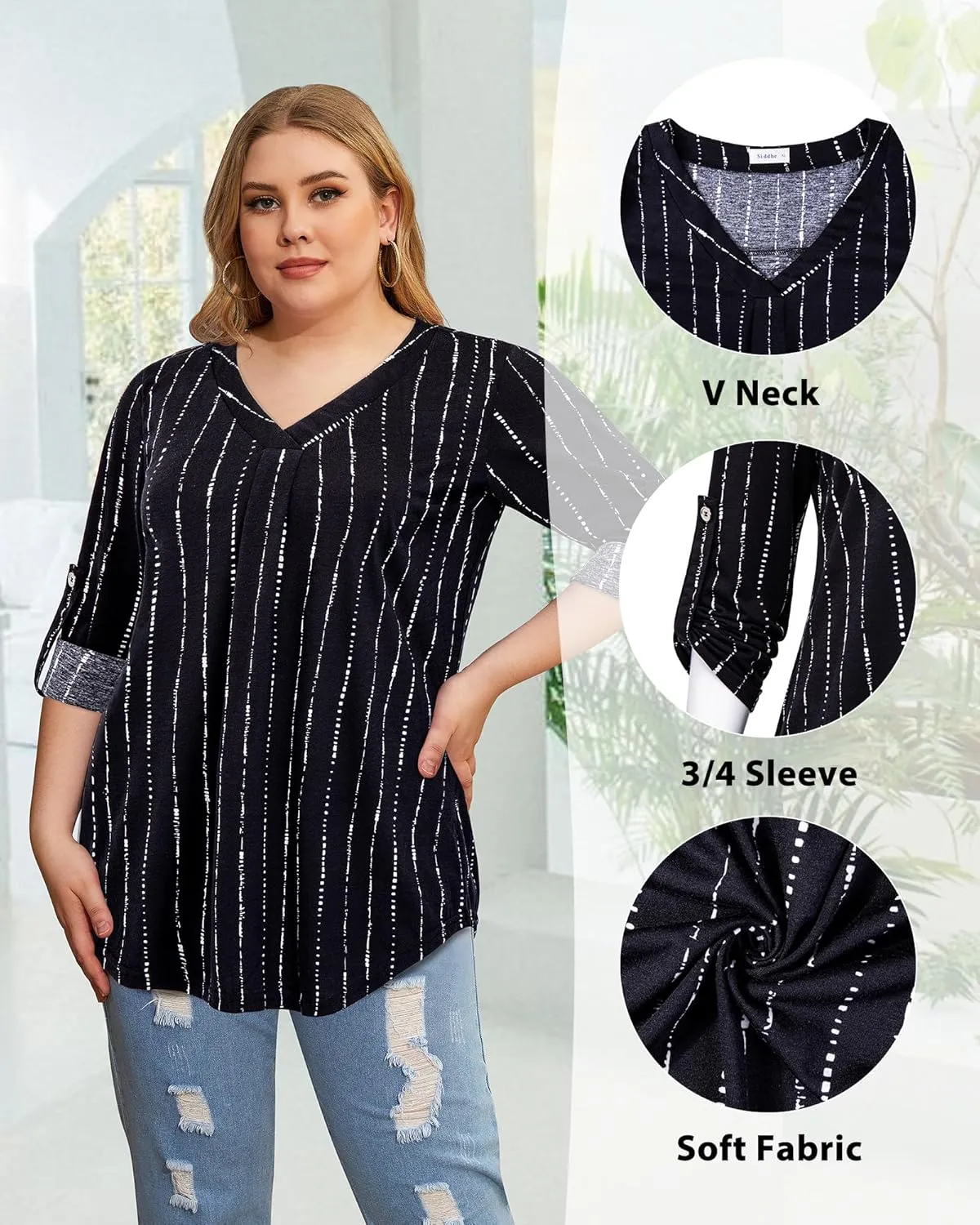 Siddhe Plus Size Tops for Women 3/4 Sleeve Shirts V Neck Blouses Tunic Top Spring Summer 2025