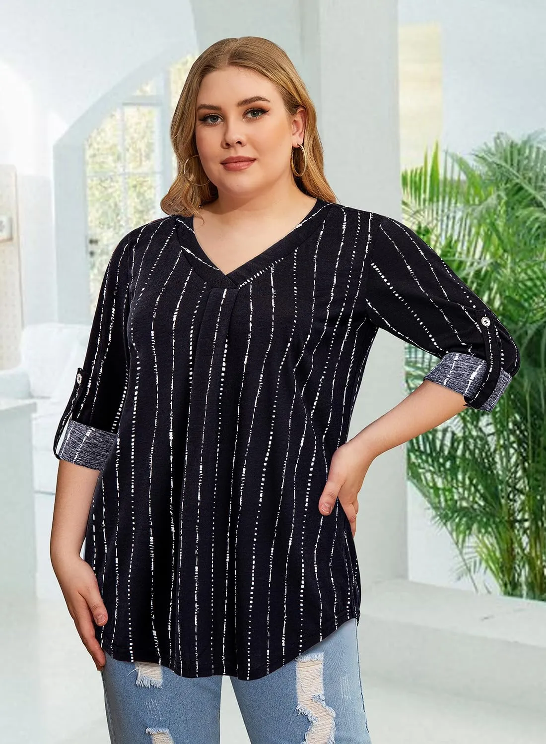 Siddhe Plus Size Tops for Women 3/4 Sleeve Shirts V Neck Blouses Tunic Top Spring Summer 2025