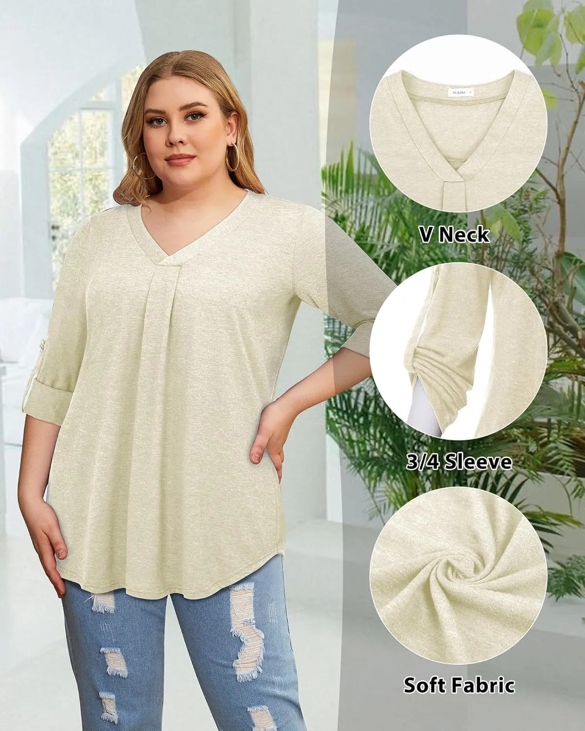 Siddhe Plus Size Tops for Women 3/4 Sleeve Shirts V Neck Blouses Tunic Top Spring Summer 2025