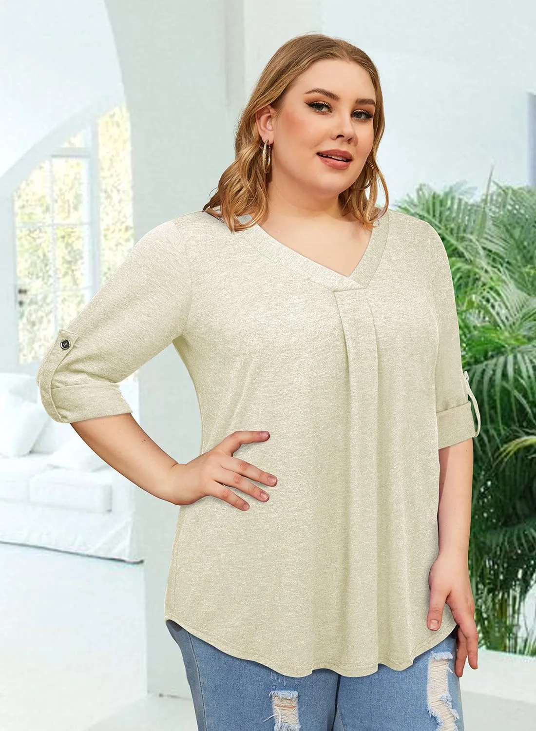 Siddhe Plus Size Tops for Women 3/4 Sleeve Shirts V Neck Blouses Tunic Top Spring Summer 2025