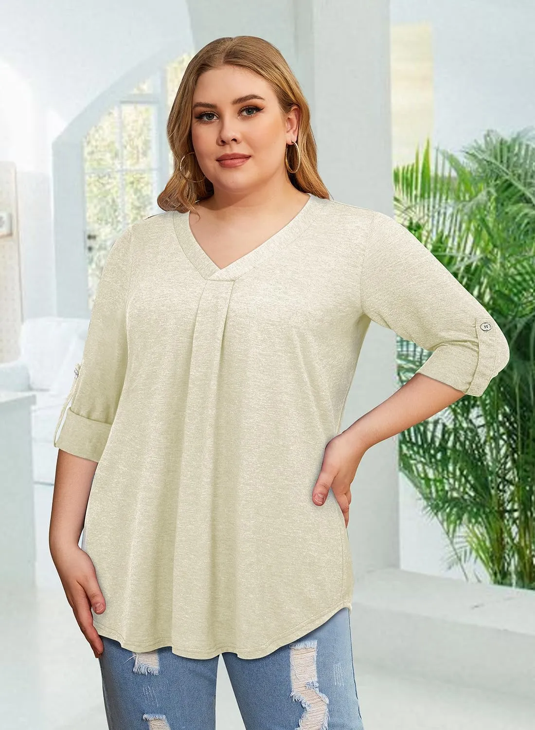 Siddhe Plus Size Tops for Women 3/4 Sleeve Shirts V Neck Blouses Tunic Top Spring Summer 2025