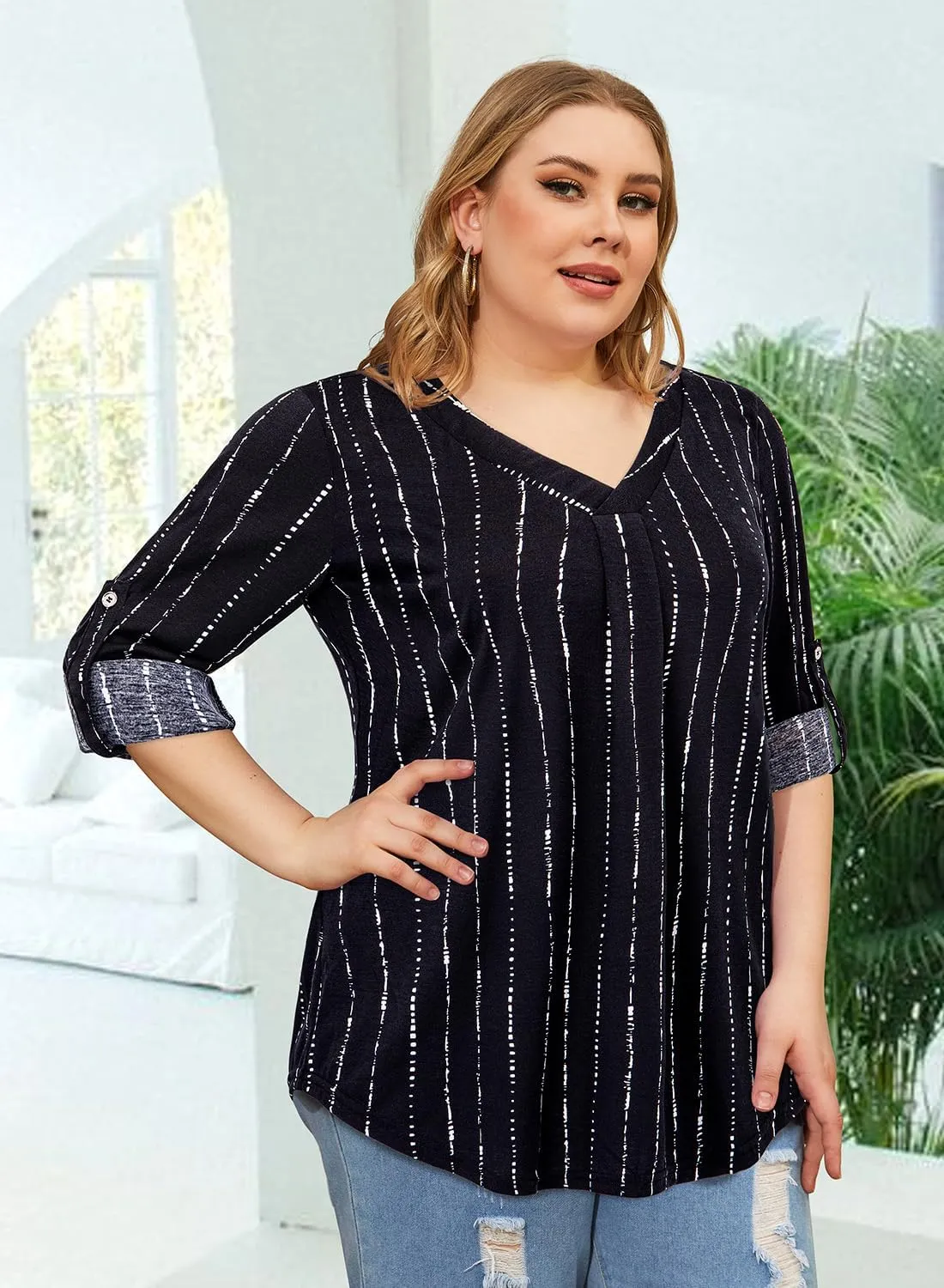 Siddhe Plus Size Tops for Women 3/4 Sleeve Shirts V Neck Blouses Tunic Top Spring Summer 2025