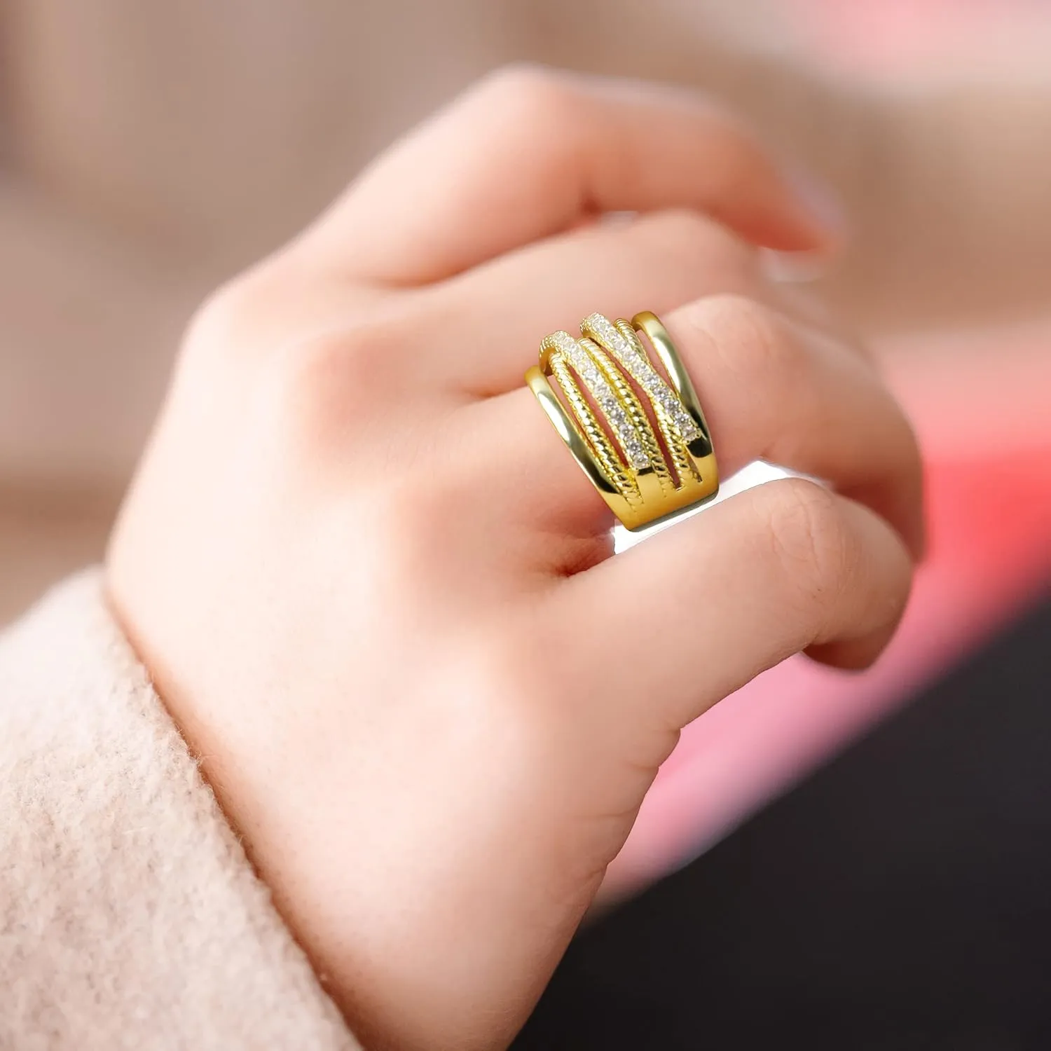 Silver and Gold Cable Rings for Women 2 Tone Crisscross Intertwined Chunky Cocktail Wide Statement Ring