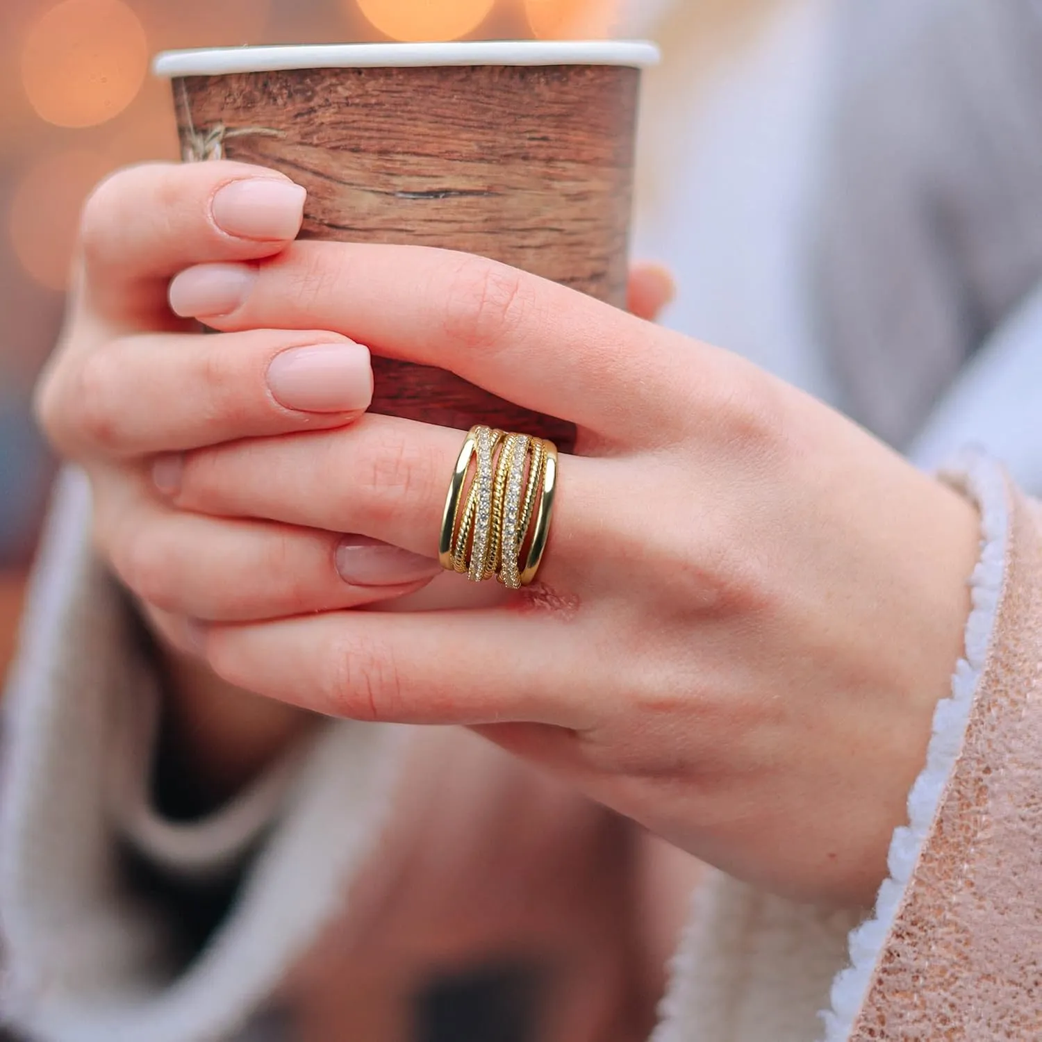 Silver and Gold Cable Rings for Women 2 Tone Crisscross Intertwined Chunky Cocktail Wide Statement Ring