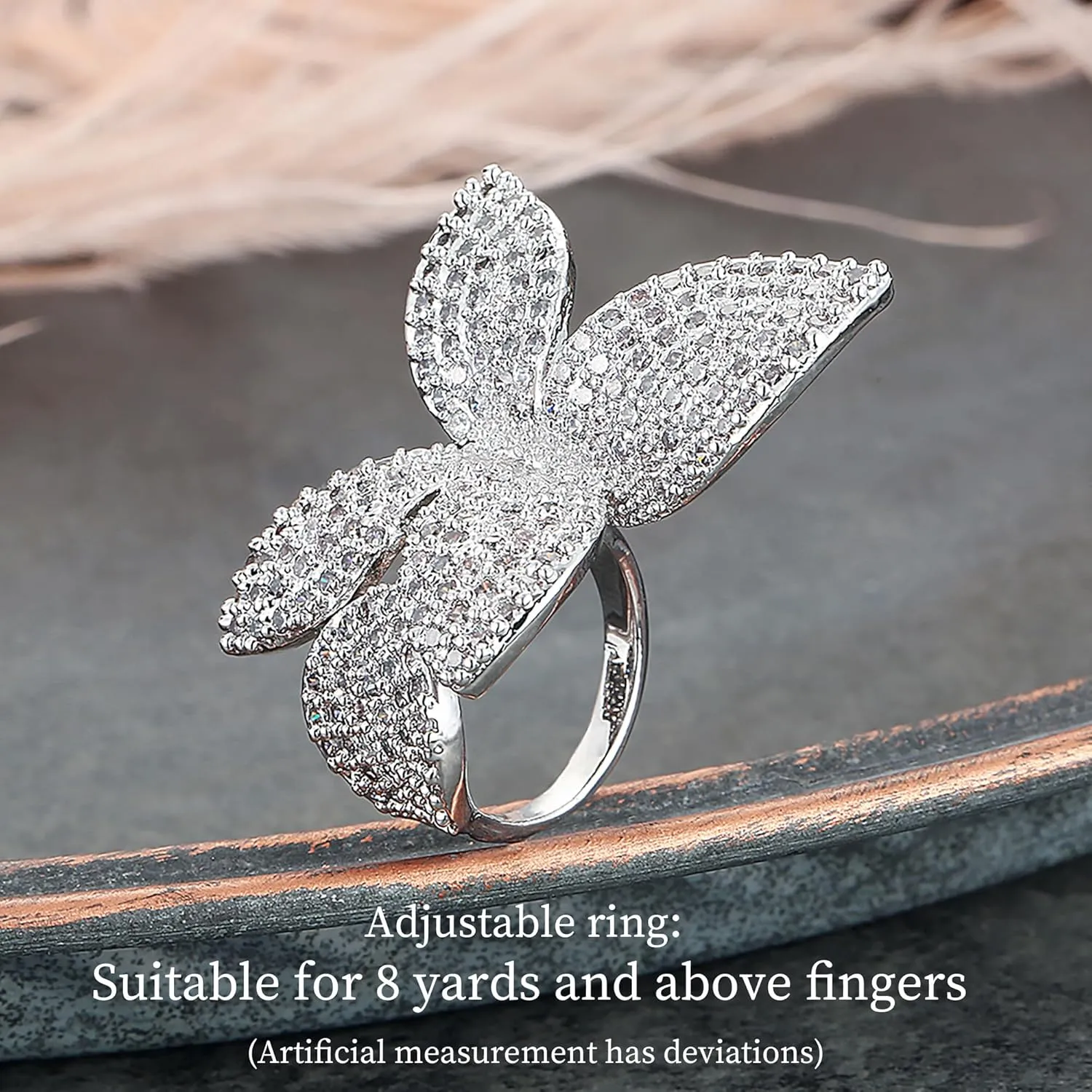 Silver Double Finger Ring, Statement Big Butterfly Open Adjustable Rings Silver Full CZ Flower Cocktail Rings Jewelry