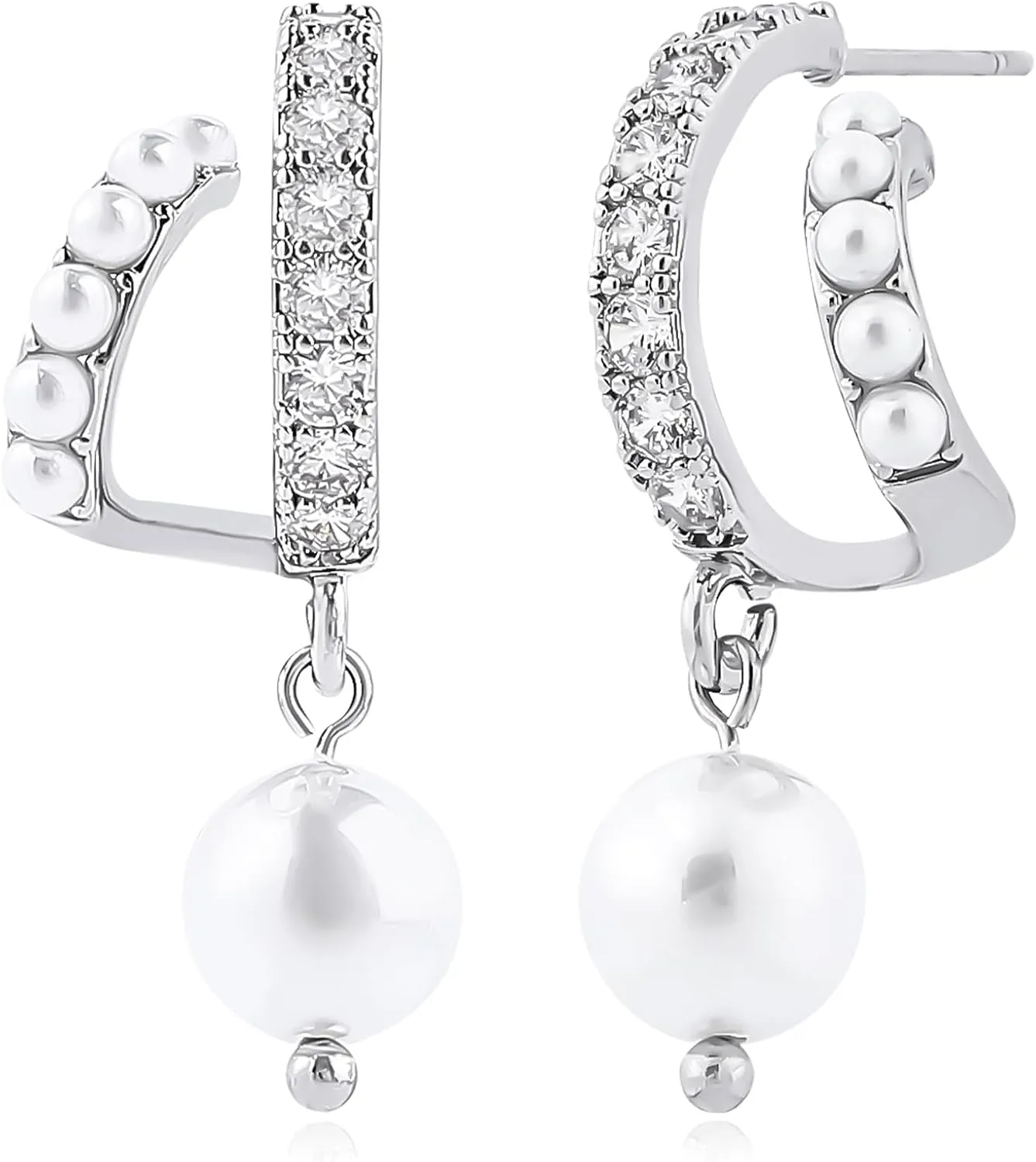 Silver Pearl Hoop Earrings for Women 14K Gold Plated Dangle Cubic Zirconia Pearl Double Hoop Earrings for Single Piercing Open Hoop Earrings for One Hole Drop Simulated Pearl Earrings Jewelry Gifts