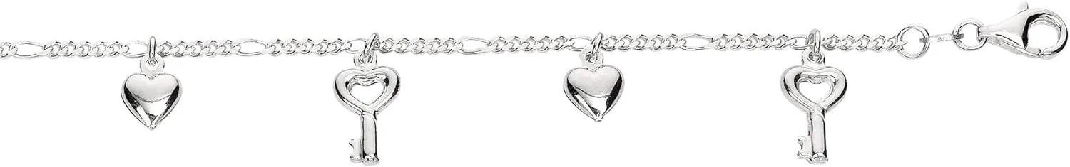 Silver Rhodium Figaro Heart Love Dangle Key Charm Anklet Bracelet, Lobster Claw - 10 Inches, 9.1gr.