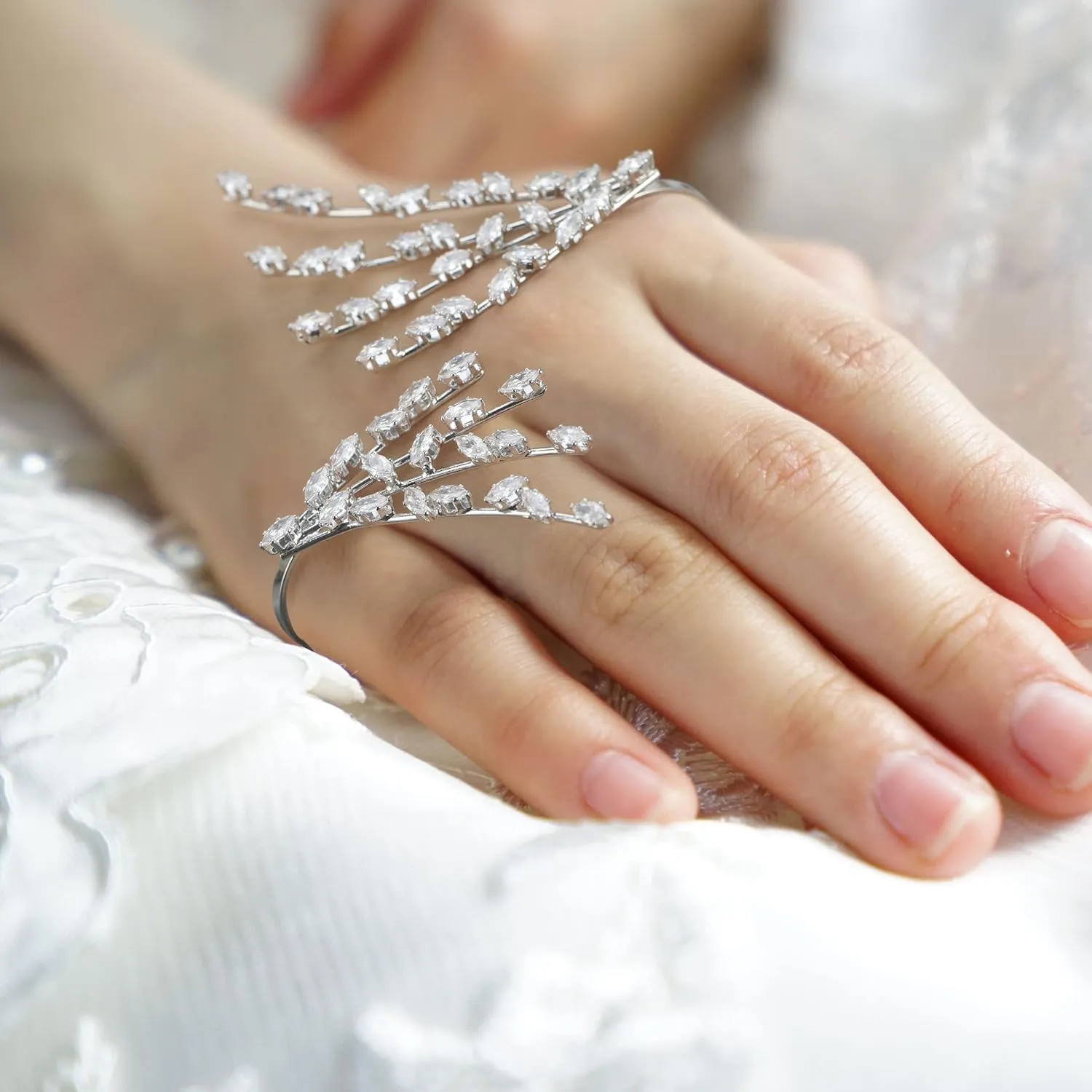Silver Rings for Women - Adjustable Rings Cubic Zirconia - Multiple Finger Leaf Shape Rings Statement Cocktail Jewelry Gift