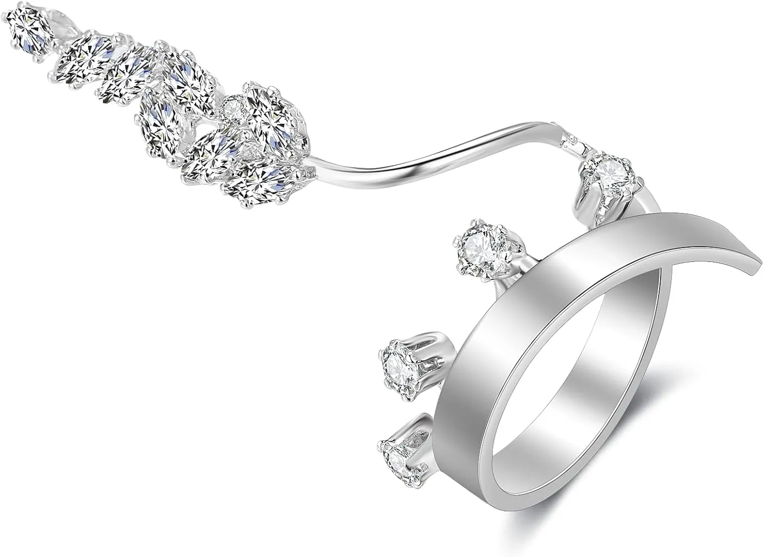 Silver Rings for Women Cubic Zirconia Leaf Shape Opening Adjustable Statement Ring Cocktail Jewelry