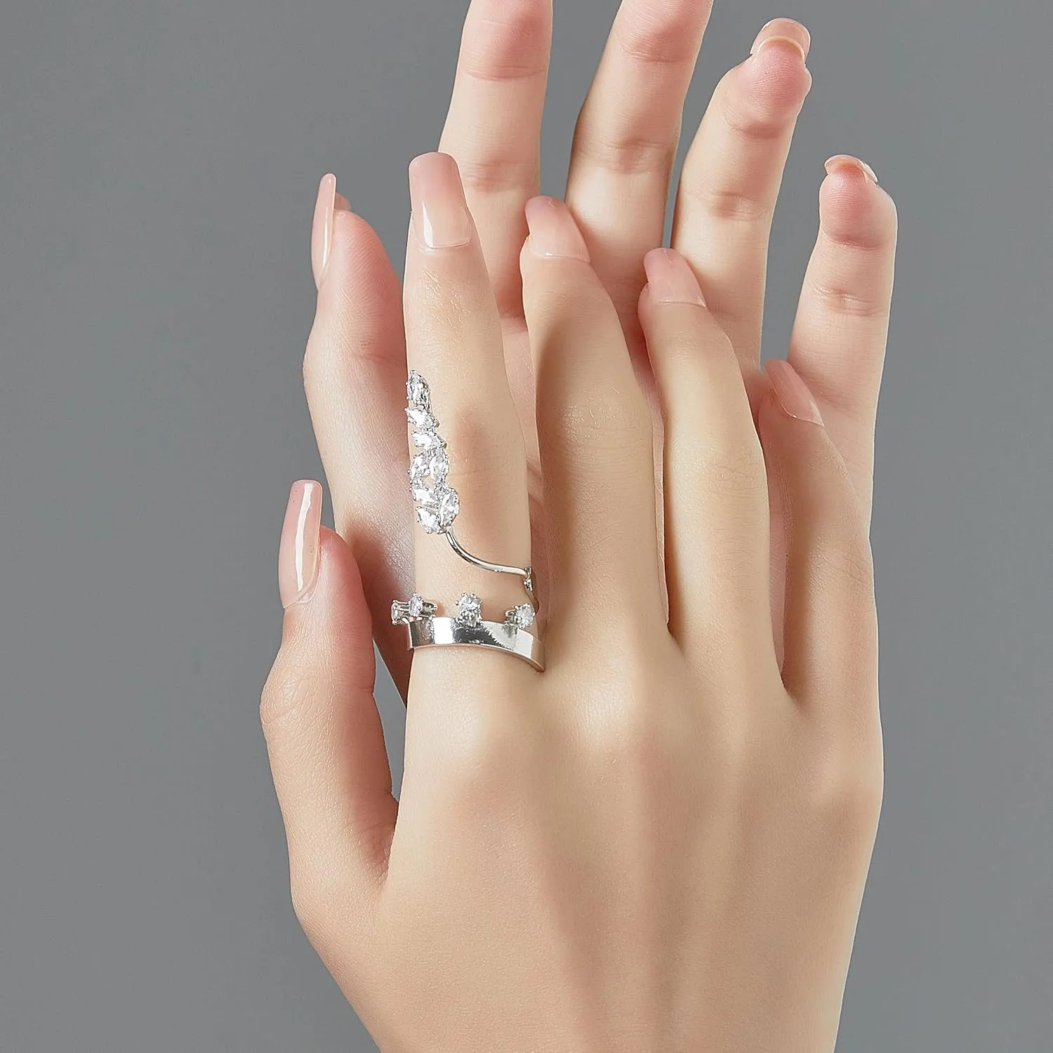 Silver Rings for Women Cubic Zirconia Leaf Shape Opening Adjustable Statement Ring Cocktail Jewelry
