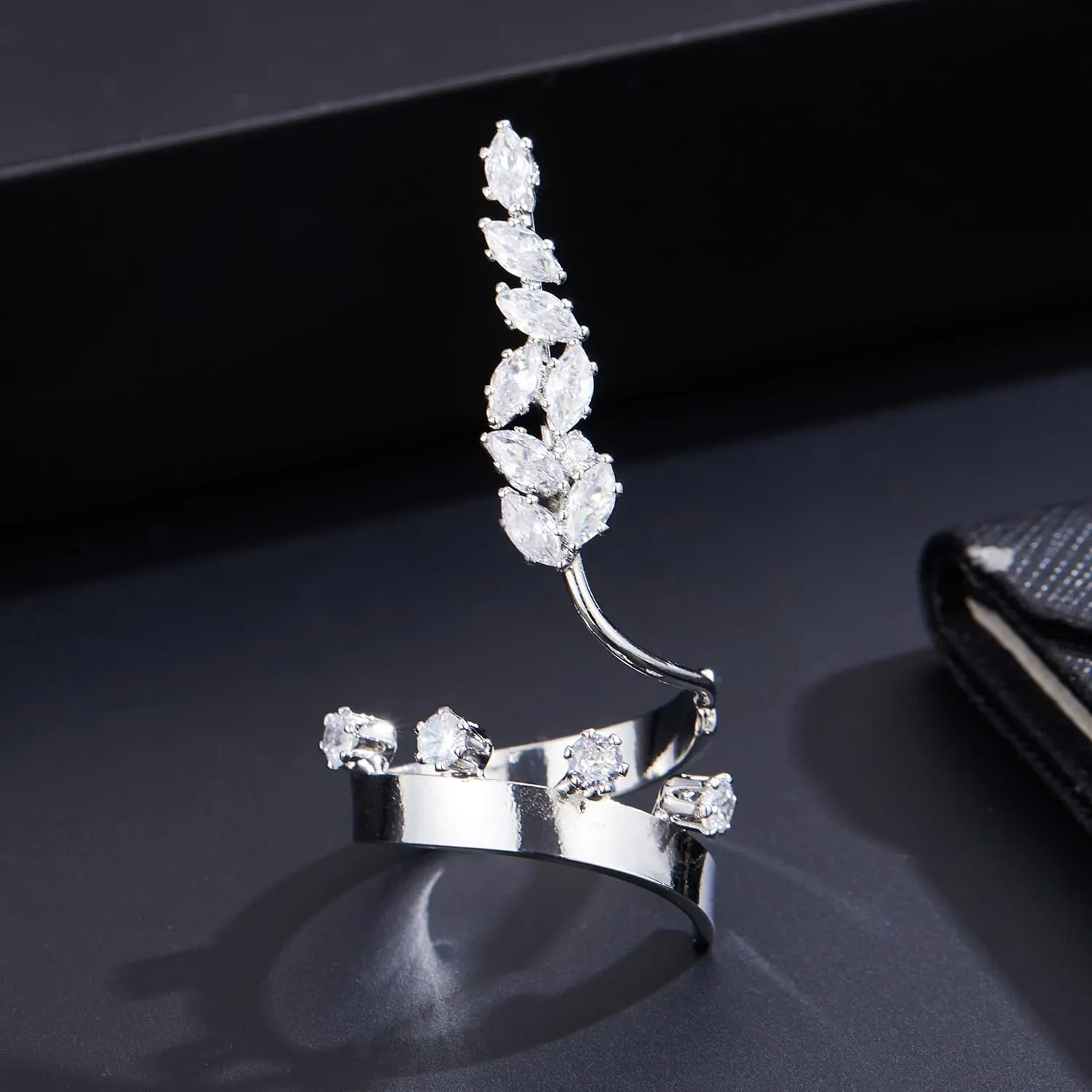 Silver Rings for Women Cubic Zirconia Leaf Shape Opening Adjustable Statement Ring Cocktail Jewelry