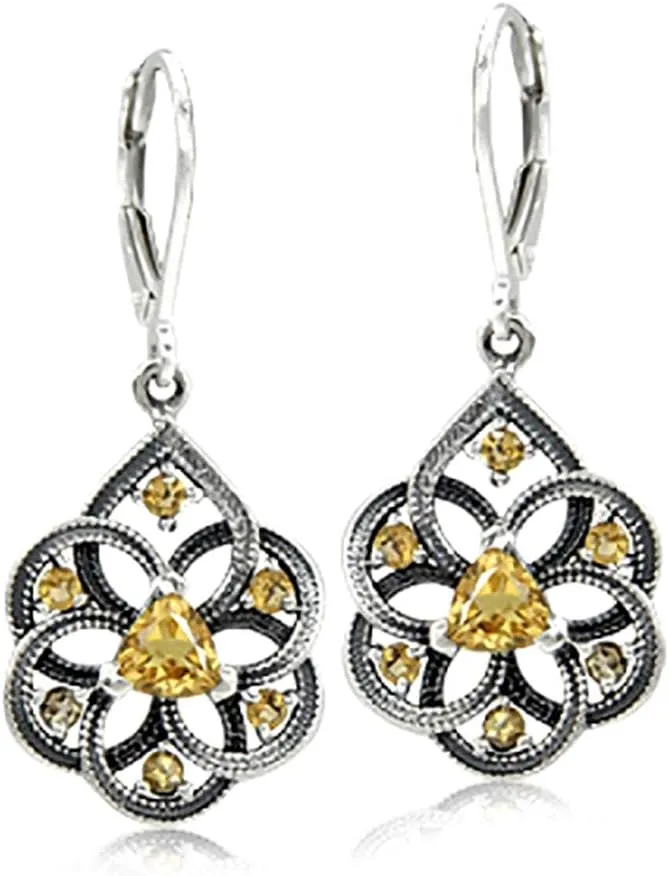 Silvershake Birthstone Gemstone Vintage Style Antique Finishing or 18K Yellow Gold Plated 925 Sterling Silver Scroll/Filigree Weave Drop Dangle Leverback Earrings Jewelry for Women
