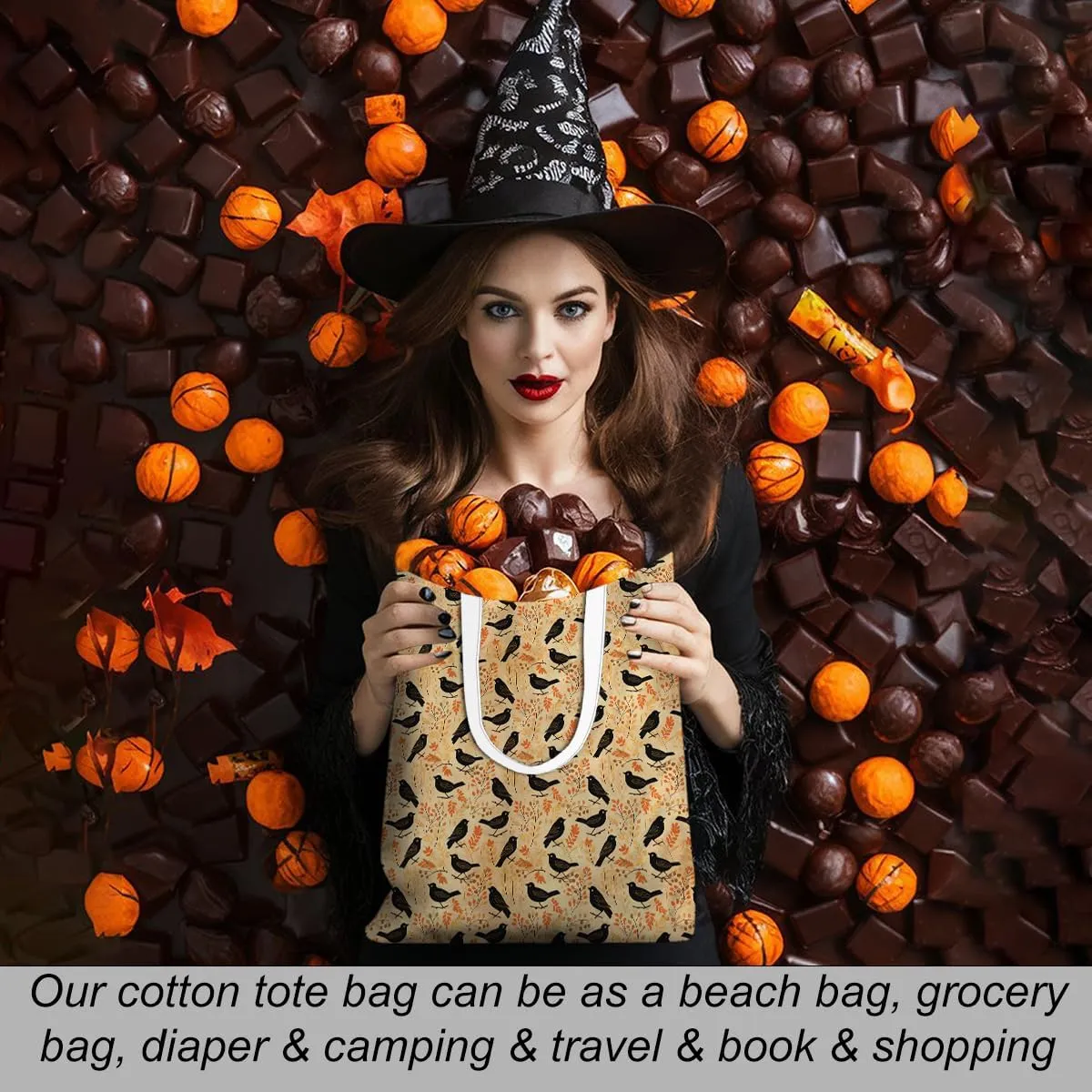 Single-Side Printed Fall Halloween Canvas Tote Bag for Women Pumpkin Autumn Thanksgiving Reusable Grocery Bags