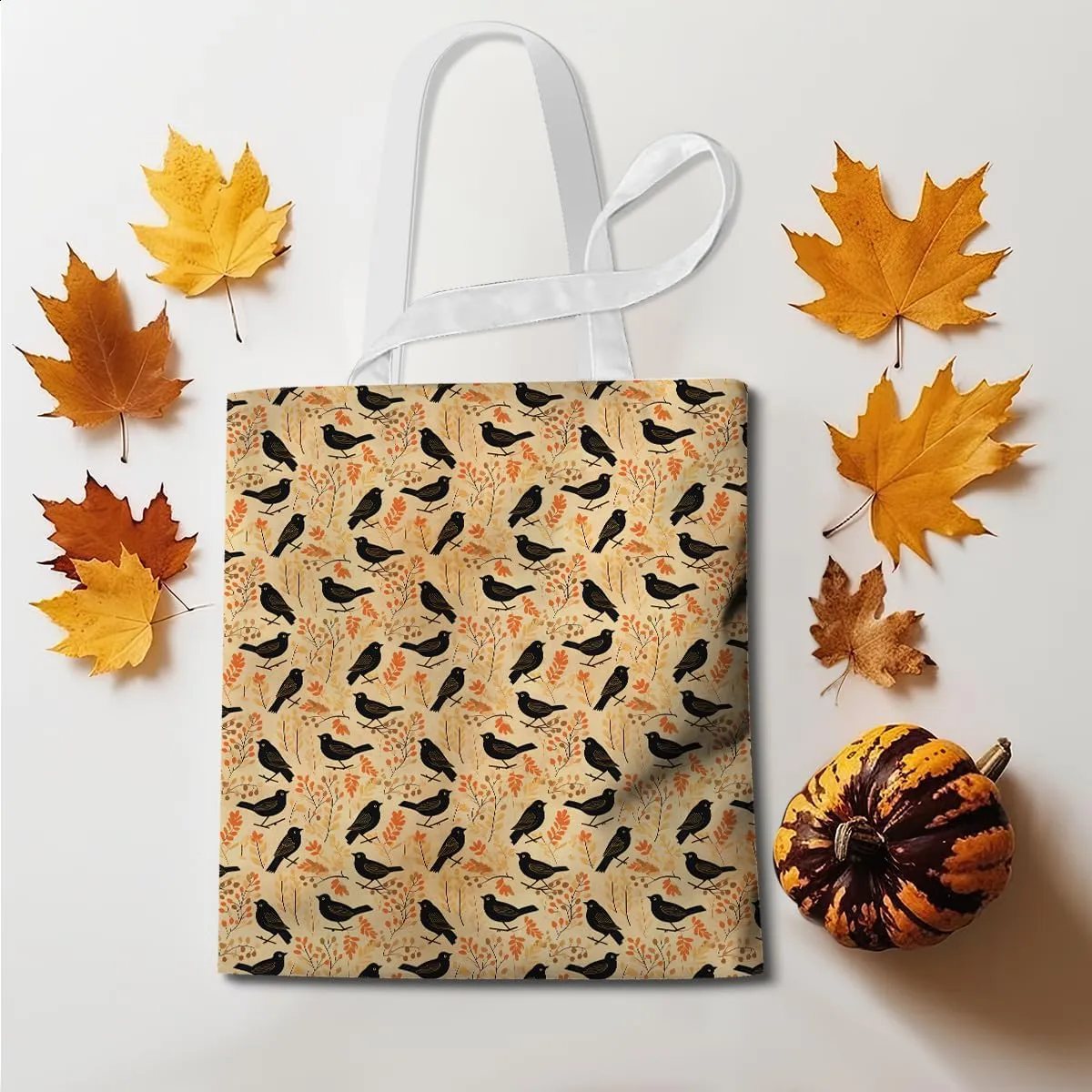 Single-Side Printed Fall Halloween Canvas Tote Bag for Women Pumpkin Autumn Thanksgiving Reusable Grocery Bags