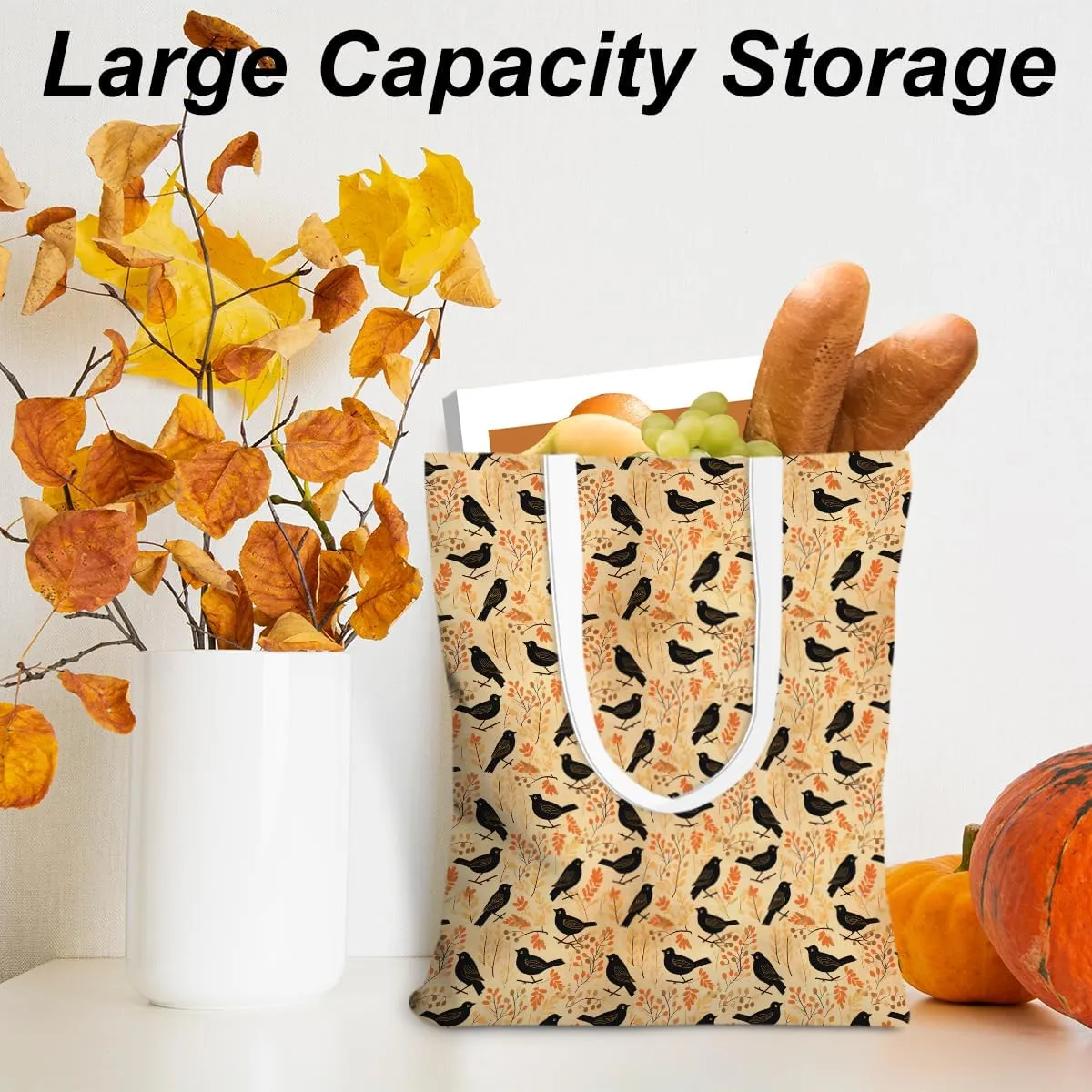Single-Side Printed Fall Halloween Canvas Tote Bag for Women Pumpkin Autumn Thanksgiving Reusable Grocery Bags