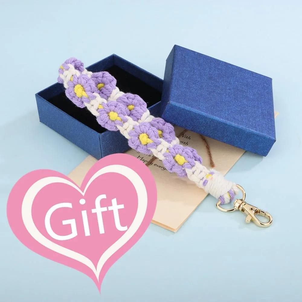 Sither Macrame Keychain Women Handmade Keychain Bracelet Flower Keyring Wristlet Macrame Keychain Holder Gift for Her